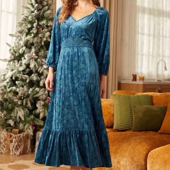 NWT Modcloth stunning teal velvet floral midi dress "Such a Love" - Picture 2 of 9